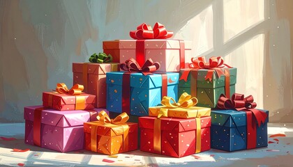 A towering pile of gift boxes with ribbons, celebrating a cheerful and festive party or special anniversary occasion