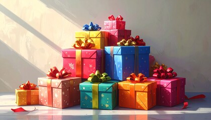 A towering pile of gift boxes with ribbons, celebrating a cheerful and festive party or special anniversary occasion