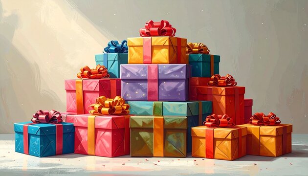 A towering pile of gift boxes with ribbons, celebrating a cheerful and festive party or special anniversary occasion