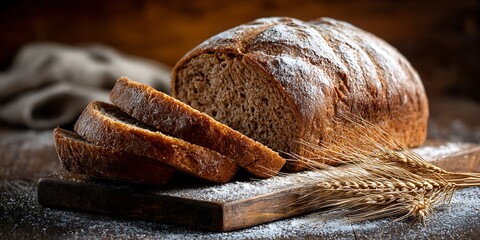 Whole grain bread loaf sliced arranged wooden board flour dust dried wheat stalks closeup
