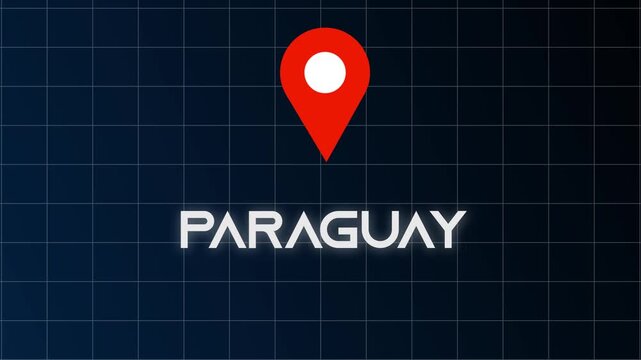 Paraguay Country Name Appears with Bright Glowing Fade In Animation and Flicker Text beside Location Icon on Blue Black Background.