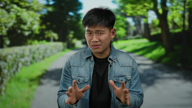Young man gestures expressively in a lush park setting with a bright outdoor backdrop on a sunny day