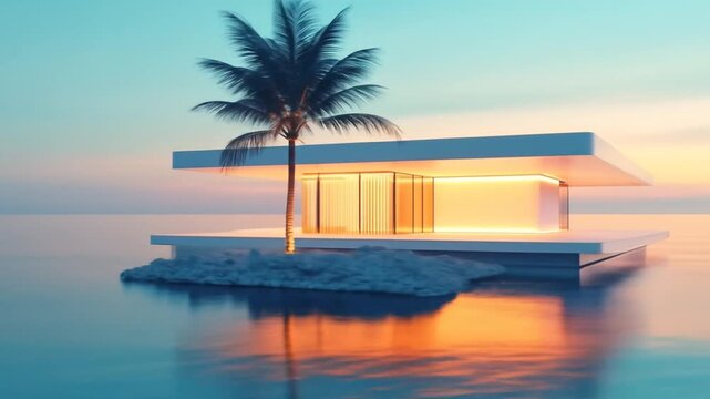 Modern glowing house on stilts in the ocean with a palm tree