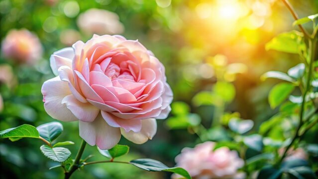 Soft pink rose in full bloom with delicate petals and green leaves in a garden setting - Powered by Adobe