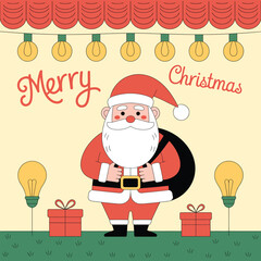 Cheerful Christmas Santa Claus Illustration with Gift Boxes and Festive Lights for Holiday Season Celebrations and Joyful Decoration