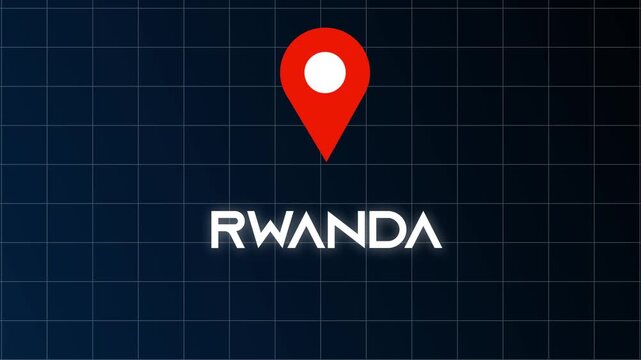 Rwanda Country Name Appearing with Glowing Fade In Animation and Flicker Text Effect beside Location Icon on Blue Black Background.