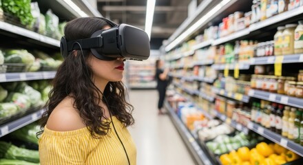 Virtual Reality Shopping: A woman in a vibrant yellow top explores a supermarket aisle, fully immersed in a virtual reality experience. Exploring the intersection of technology and everyday life.