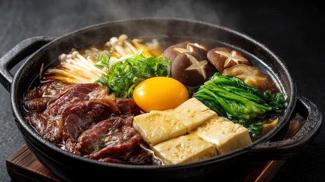 Steaming Hot Japanese Sukiyaki Hot Pot With Sliced Beef Tofu Enoki Mushrooms And Egg Yolk In A Cast Iron Pot