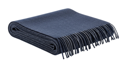 A folded navy blue wool blanket with fringe, isolated on transparent background, offering warmth and comfort for cozy evenings and adding a touch of elegance