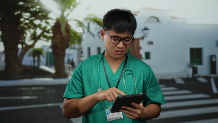 Young man in green scrubs using a tablet outdoors with stethoscope on city street with blurred background of trees and buildings indicating a medical professional on the move