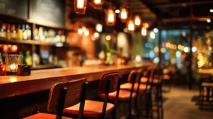 Empty bar counter with illuminated bottles on shelves and soft bokeh lights in background