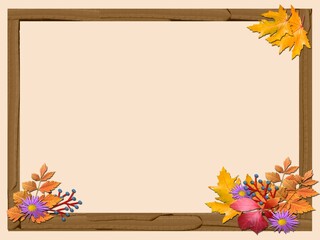 Composition of autumn leaves and flowers in a frame.