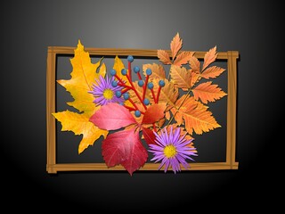 Composition of multi-colored autumn leaves and aster flowers.