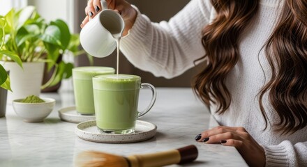 Matcha Latte Pour: An individual pours fresh, creamy liquid into a vibrant matcha latte, ready to enjoy a refreshing drink. The scene is illuminated, and the texture is perfect