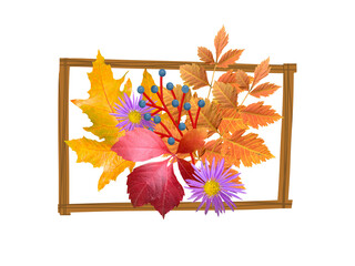 Composition of autumn leaves and flowers in a frame.