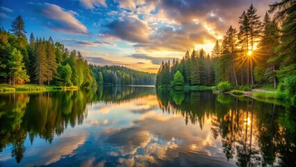 A serene lake surrounded by tall trees and lush greenery at sunset
