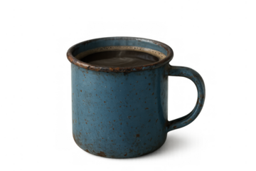 Rustic blue enamel mug full of hot coffee or tea, enjoying a warm beverage break, isolated on transparent background