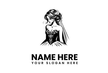 Elegant logo design featuring a hand-drawn illustration of a beautiful woman in a decorative wedding gown and veil, ideal for a bridal boutique or event planner brand identity