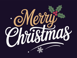 Festive Merry Christmas Greeting with Holly and Snowflake Illustration on Dark Background for Holiday Season Celebrations and Greetings in Digital Artwork
