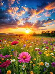 Fototapeta premium Vibrant flowers blooming in a lush meadow at sunset