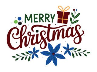 Obraz premium Festive Merry Christmas Illustration with Gift and Flowers on White Background for Holiday Season Celebration and Decoration purposes enhancing joyous moments