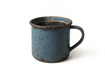 Rustic blue enamel mug containing steaming hot black coffee on a transparent background, depicting a vintage, comforting drink
