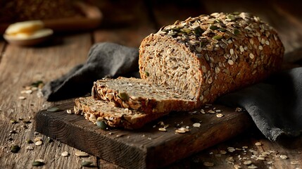 Fototapeta premium Oats seeded whole grain loaf sliced wood board grains scattered avocado feta greens spread 