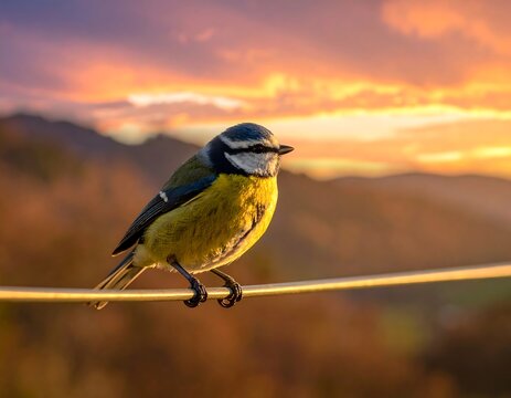 Blue tit perched on a wire against vibrant sunset colors