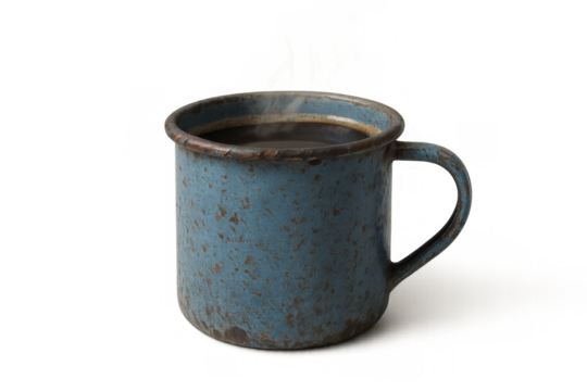 Rustic blue enamel mug containing steaming hot black coffee on a transparent background, depicting a vintage, comforting drink