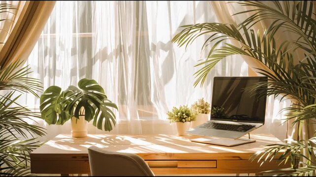 Biophilic Home Office: Sunny workspace with lush indoor plants, wooden desk, and laptop for remote work.