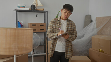 Young man taking notes in a living room filled with moving boxes, capturing a moment of organization in a newly set up apartment.