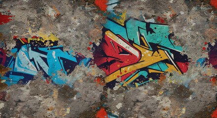 Graffiti on a weathered wall featuring colorful stylized letters and spray paint splatters