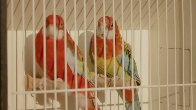 Colorful parrots and various birds in cages attract attention at a lively animal market. The vibrant feathers and lively sounds create a dynamic atmosphere.