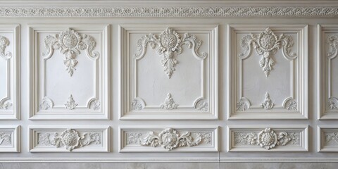 Textured white plastered wall with decorative patterns and moldings