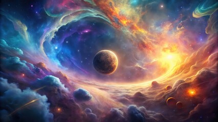 Celestial body floats amidst colorful gas