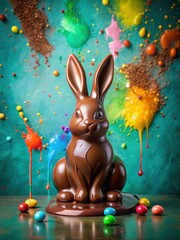 Chocolate Easter bunny melting on turquoise background with colorful splatters and drips