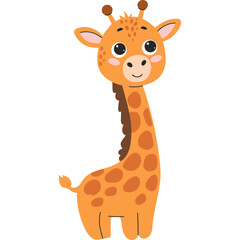 Adorable Cartoon Baby Giraffe with Cute Big Eyes and Orange and Brown Spots Standing Tall with a Long Neck and Short Tail on a Transparent Background
