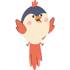 Adorable cartoon bird with orange wings and tail blue head and pink cheeks isolated on white background