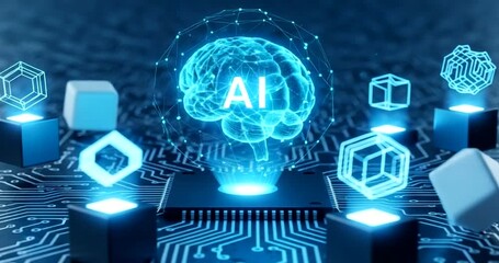 Artificial intelligence brain hologram over circuit board with glowing cubes - Powered by Adobe