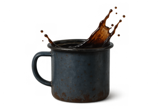 Coffee splash in vintage enamel mug with rich beverage spilling out, energetic drink, transparent background