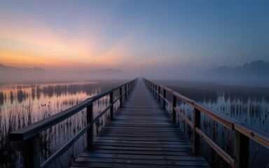 Obraz premium Misty walkway leading into serene waters at sunrise.