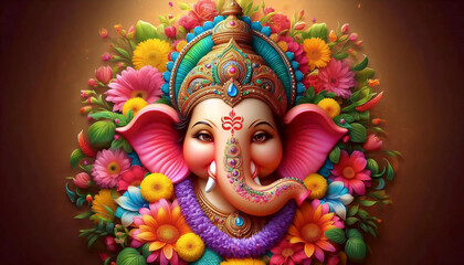 Fototapeta premium A Lord Ganesha with a flower garland, Ai generated image