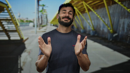 Fototapeta premium Hispanic man with beard clapping hands outdoors on a sunny street under yellow structure showing contentment and casual attitude.