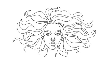 Minimalist abstract female portrait with flowing hair, created using one continuous line art technique, perfect for modern graphic design and vector illustration projects