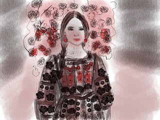 Pretty woman in the garden in beautiful costume