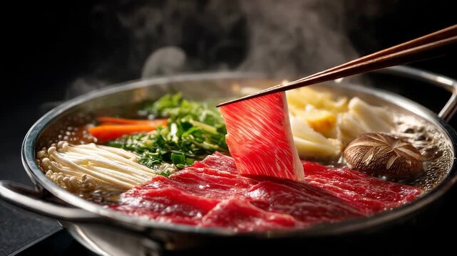 Thinly Sliced Raw Beef Gently Cooked in a Steaming Hot Pot Filled with Enoki Mushrooms Carrots and Greens Against a Dark Background with Soft Lighting