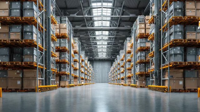 Vast Industrial Warehouse Interior With Tall Racks Stocked With Cardboard Boxes Under Natural Skylight Illumination