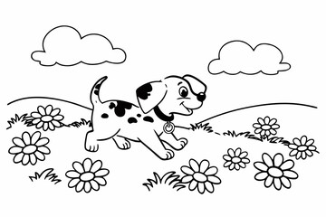 Happy dalmatian puppy playing in a field of flowers with clouds in the sky