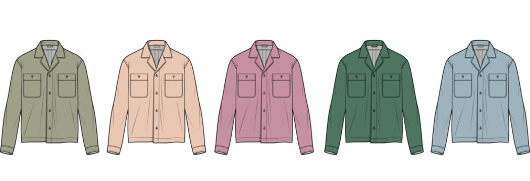 Vector illustration set of a classic long-sleeve workwear shirt in multiple colorways. Apparel design concept and technical flat sketch