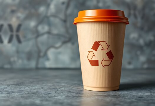 Eco-friendly takeaway coffee cup with a recycling symbol on a textured stone surface. - Powered by Adobe